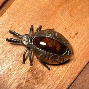 Silver and Tiger Eye Rhinoceros Beetle Brooch, Wings pivot open and closed.